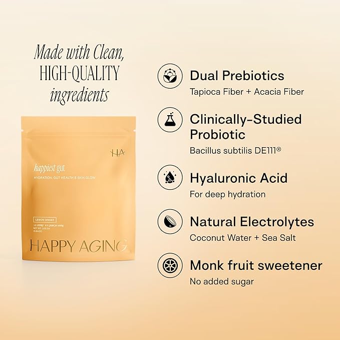 Happy Aging Happiest Gut Hydration Powder – Electrolytes + Probiotics + Dual Prebiotics + Hyaluronic Acid – Gut Balance, Skin Hydration & Daily Wellness – 12 Sticks (Lemon Ginger)