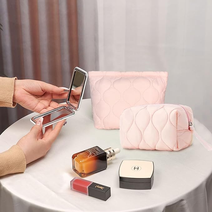 SERENEDWELLING2 PCS Quilted Makeup Bag Set Coquette Cosmetic Bag Toiletry Travel Organizer, Small Medium Large, Cute Portable Puffy for Women Girls, Pink