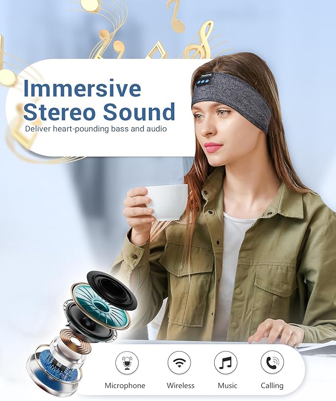 Perytong Sleep Headband Headphones Bluetooth, Sleeping Headphones Wireless for Side Sleepers, Over-Ear Headphones Eye Mask Sports Headband with HD Stereo Speakers for Workout Running Travel Yoga