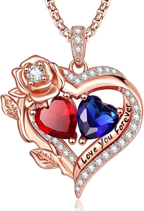 Rose Heart Necklaces for Women, Rose Gold Forever Love Jewelry with 2 Birthstones Pendant, Christmas Anniversarry Birthday Gifts for Her Wife Mom Grandma, 18+2 Inch Chain