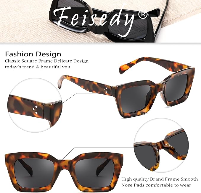FEISEDY Classic Women Sunglasses Fashion Thick Square Sun Glasses Chunky Frame UV400 B2471