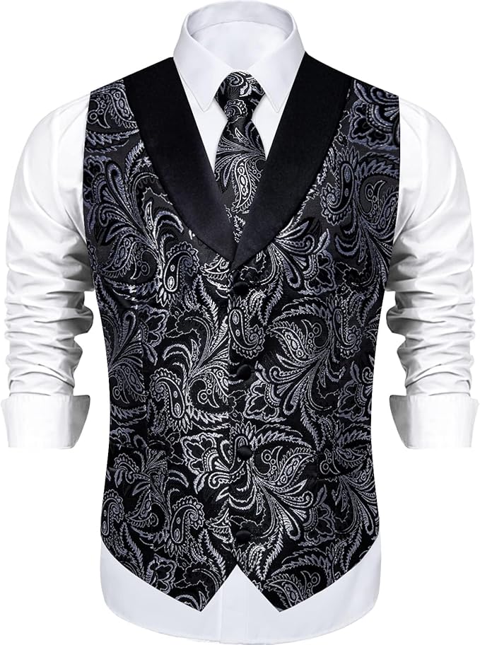 DiBanGu Mens Paisley Suit Vest Silk Jacquard Waistcoat and Necktie Set Formal Shawl Collar Dress Vest 7PCS for Wedding Party