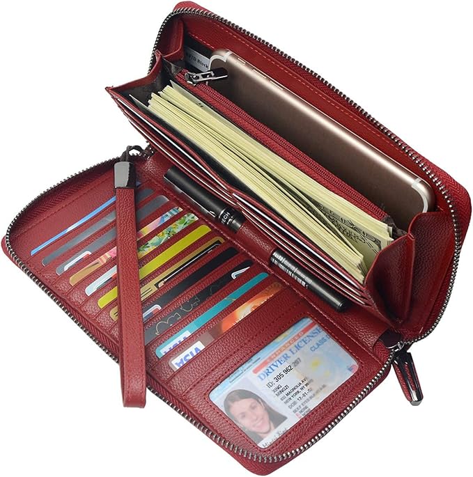 Women's Genuine Leather RFID Blocking Zip Around Wallet with Phone Pocket Large Capacity Travel Wristlet (Wine Red)