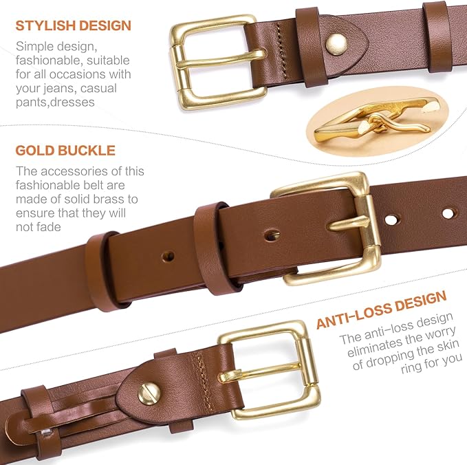Womens Belts for Jeans 1.1" Width Ladies Belts for Dresses Full Grain Leather Gold Buckle Belt Gift Box