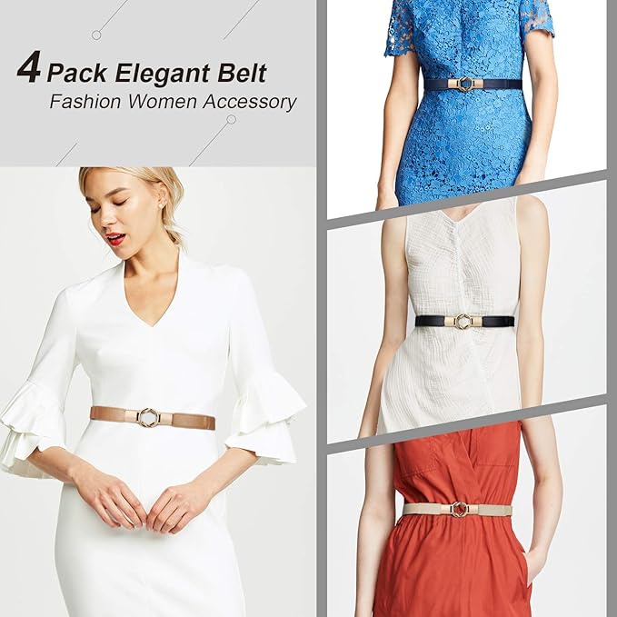 WERFORU Women Skinny Belt for Dresses Retro Stretch Waist Belt with Gold Buckle Set of 4