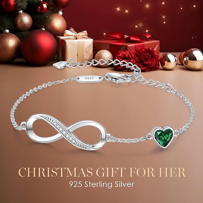 CDE Infinity Heart Birthstone Charm Link Bracelet for Women 925 Sterling Silver Adjustable Mother's Day Christmas Day Gift Anniversary Birthday Jewelry for Wife Girlfriend Her