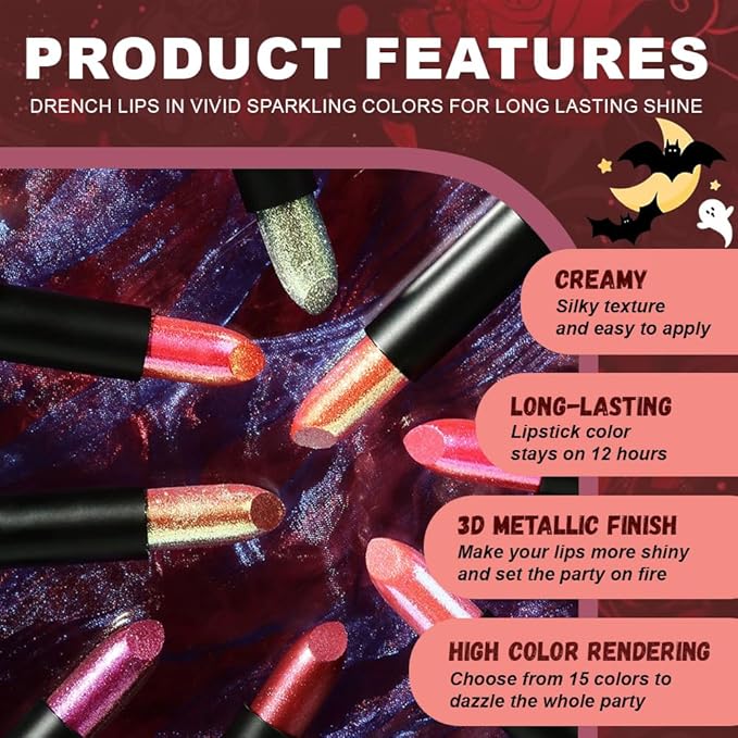 Kaely Glitter Metallic Lipstick Makeup, Shimmer Metallic Lipsticks for Women, High Pigmented Lip Gloss Long Lasting Waterproof Smudge Proof, Vegan & Cruelty-Free, 13