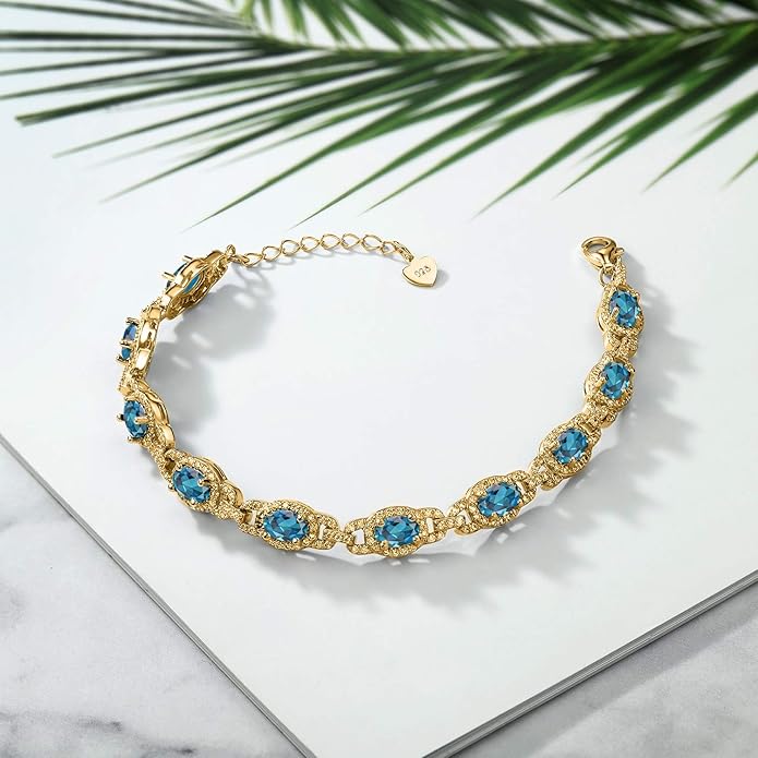 Gem Stone King 18K Yellow Gold Plated Silver Oval Gemstone Birthstone Tennis Bracelet For Women | Oval 6X4MM | 7 Inch With 1 Inch Extender | Fine Jewelry Gifts for Her Mom Women Wife