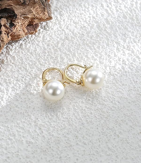 14K Gold/White Gold Plated Minimalist Pearl Hoop Earrings,Huggies Dangle Earrings Jewelry