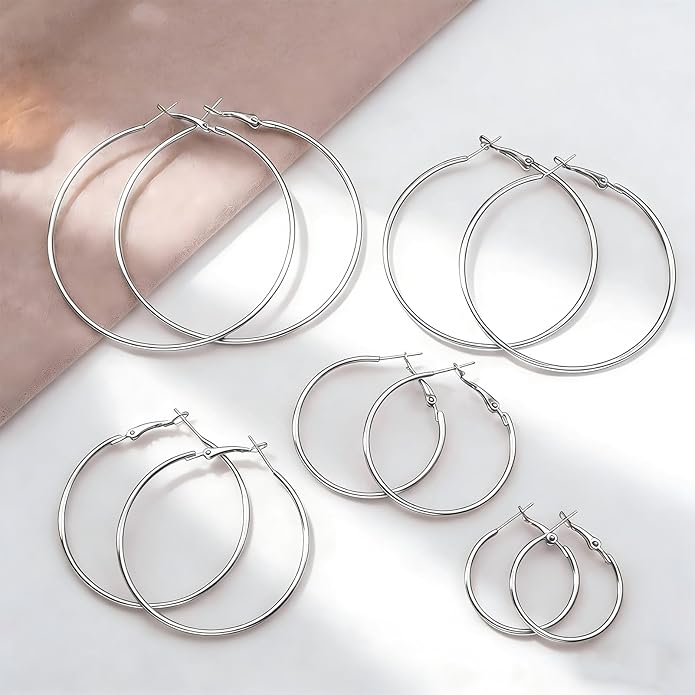 4/5/6 Pairs Stainless Steel 30/40/50/60/70 mm Silver 14K Gold Hoop Earrings for Women Hypoallergenic Big Thin Lightweight Dangle Set