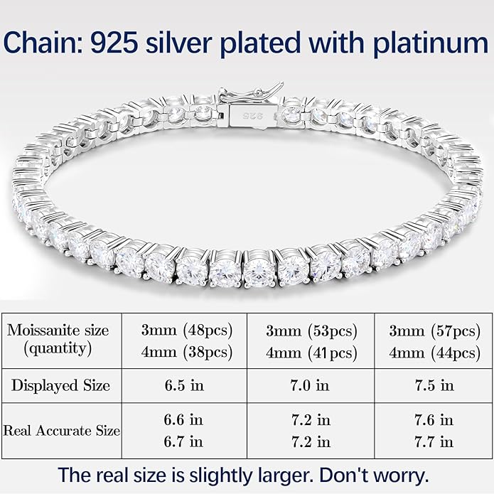 Moissanite Tennis Bracelet For Women S925 Silver Jewelry, Luxury Silver Bracelets,Valentines Day Gifts For Couples Sister Girlfriend Wife Gifts6.5'-7.5'' Length