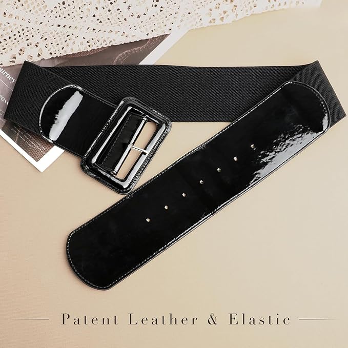 Wide Patent Leather Cinch Belt - Fashion Square Buckle Waist Belt for Dresses and Coats