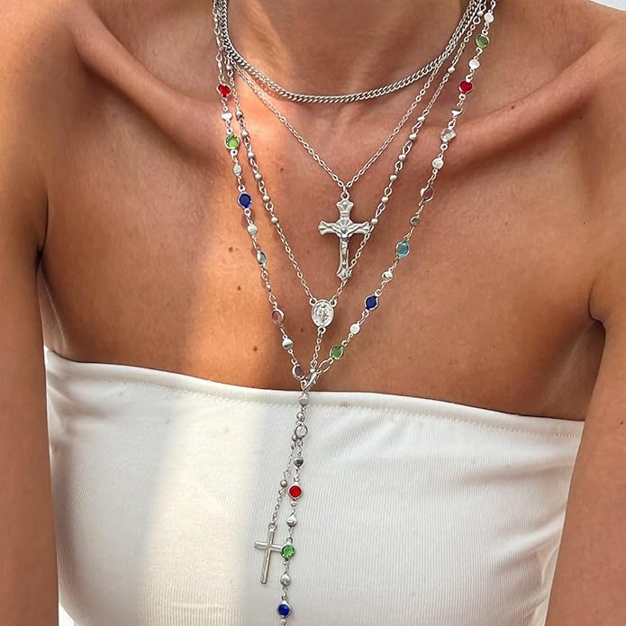 Gold Color Cross Pendant Necklace Set for Women,Dainty Big Crystal Cross Imitation pearl Layered Chain Necklace Summer Party Jewelry