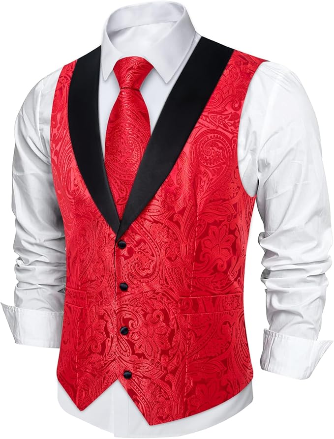 DiBanGu Mens Paisley Suit Vest Silk Jacquard Waistcoat and Necktie Set Formal Shawl Collar Dress Vest 7PCS for Wedding Party