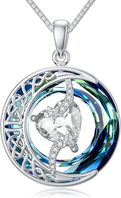TOUPOP Birthstone Necklace 925 Sterling Silver Moon and Star Pendant with Blue Crystal Celtic Moon Jewelry Birthday Valentines Day Gifts for Women Mom Wife Her