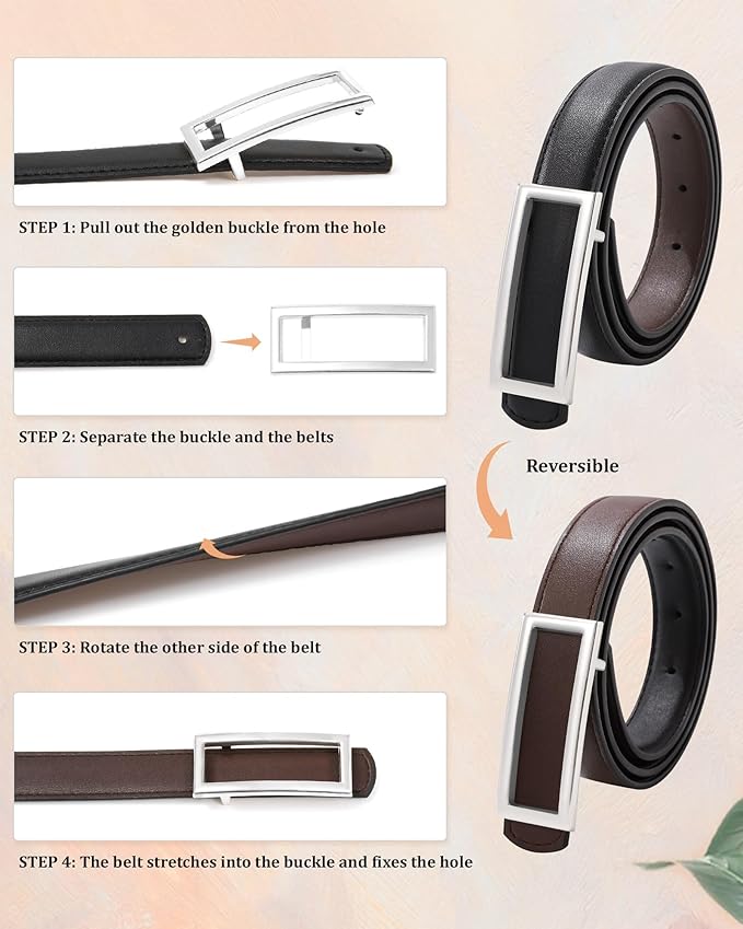 AWAYTR Women Reversible Leather Belt - Two-in-One Women Fashion Skinny Belt for Jeans with Golden Buckle