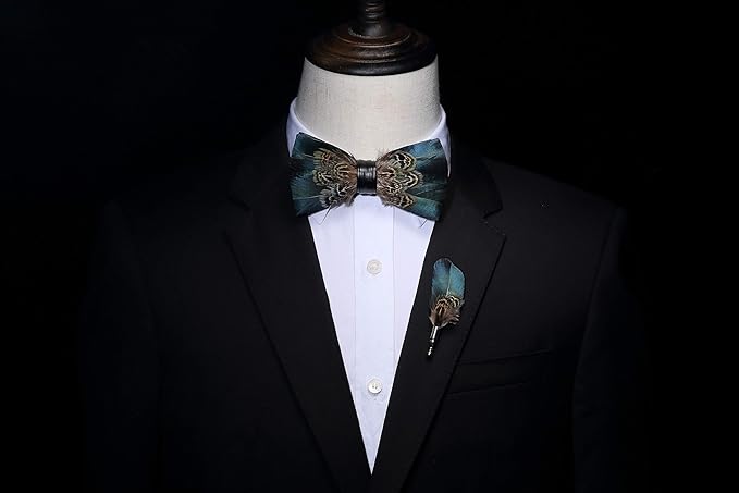 RBOCOTT Handmade Feather Pre-tied Bow tie and Brooch Sets for Men