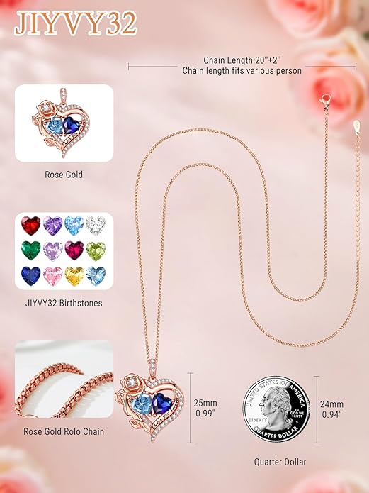 Rose Heart Necklaces for Women, Rose Gold Forever Love Jewelry with 2 Birthstones Pendant, Christmas Anniversarry Birthday Gifts for Her Wife Mom Grandma, 18+2 Inch Chain