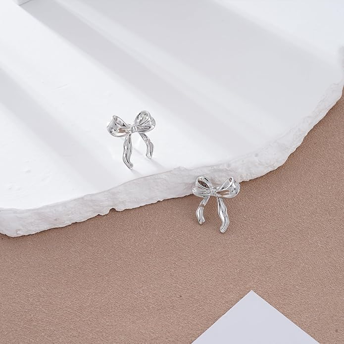 ASCOMY Gold Stud Earrings for Women - Dainty Bow 14K Gold/Silver Plated Pearl Earrings - Trendy Cute Ribbon Minimalist Jewelry Gifts for Her