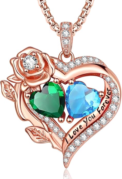 Rose Heart Necklaces for Women, Rose Gold Forever Love Jewelry with 2 Birthstones Pendant, Christmas Anniversarry Birthday Gifts for Her Wife Mom Grandma, 18+2 Inch Chain
