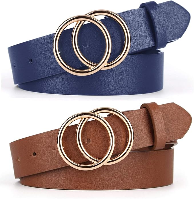 UnFader Pack 2 Women Belts for Jeans with Fashion Double O-Ring Buckle and Faux Leather