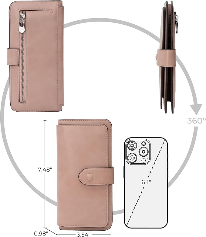 RFID Blocking Leather Wallet for Women, Slim Trifold with 14 Card Slots and Zipper Pocket (Dark Pink)