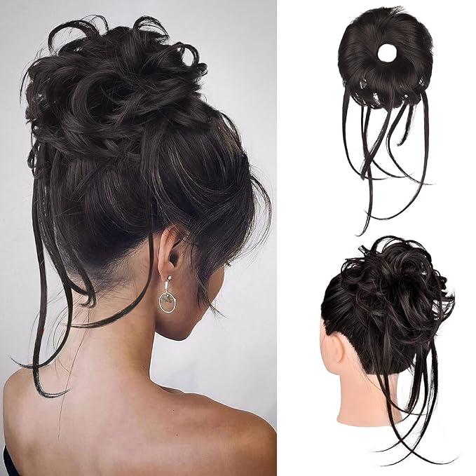 HOOJIH Messy Bun Hair Piece, Super Long Tousled Updo Hair Bun Extensions Wavy Wrap Ponytail Hairpieces Scrunchies with Elastic Band for Women HB007 Grace - Black Brown