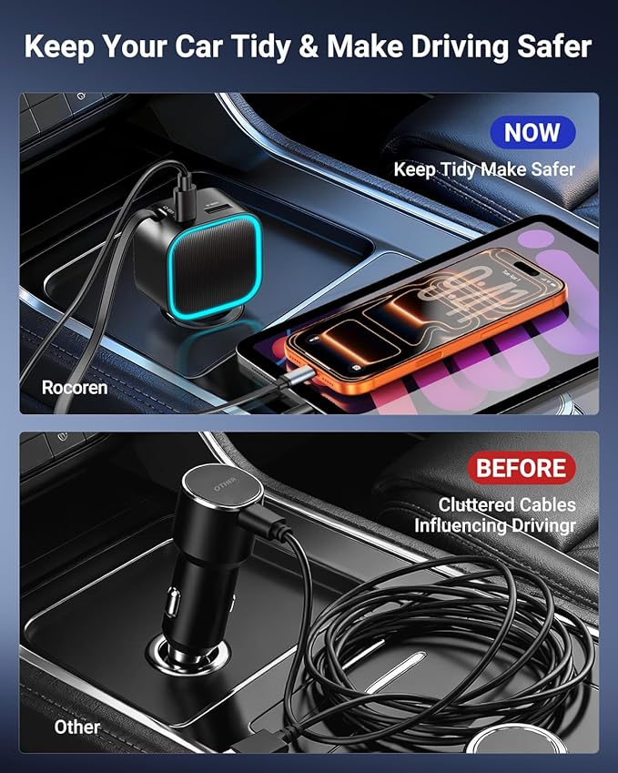 Retractable Car Charger USB-C,Rocoren 57W 3-in-1 Type C Fast Car Charging [Ultra-Compact Mini] with Cord Cigarette Lighter Adapter Car Accessories for iPhone17/16/15,S25 Android,Gifts for Women Men