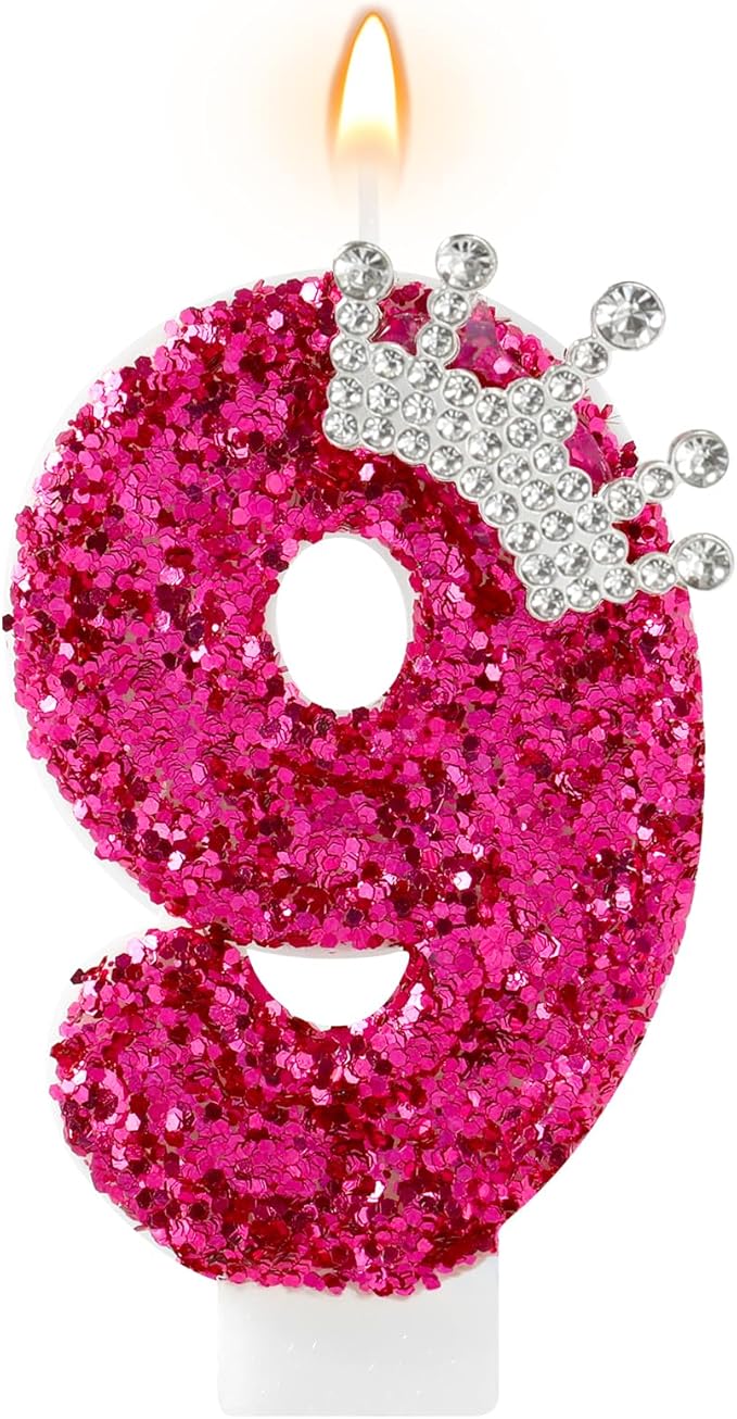 Hot Pink Birthday Candles Crown Number 9 Candle Birthday Party Decorations Cake Topper Cupcake Decor for Anniversary Celebrations Supplies