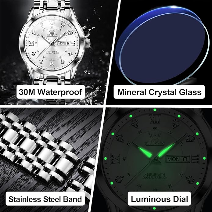 OLEVS Men's Stainless Steel Watch, Large Face Roman Numerals Diamond Accented Three-Hand Analog Quartz Watches for Men, Easy to Read Day Date Waterproof Luminous Mens Wristwatch