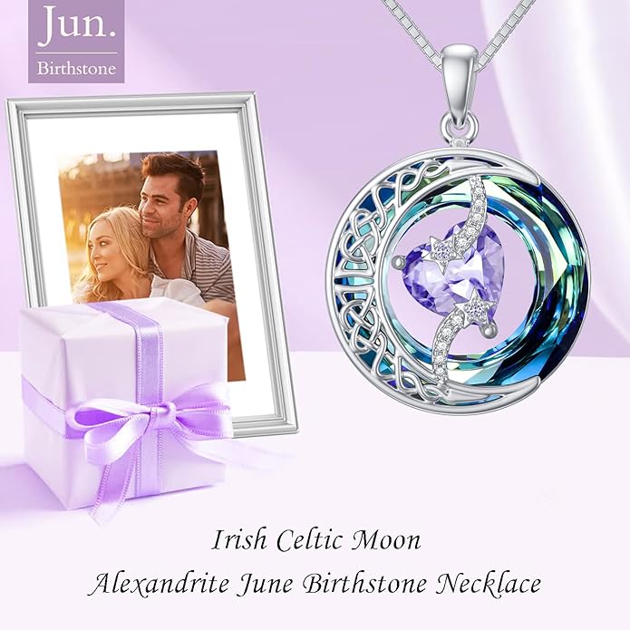 TOUPOP Birthstone Necklace 925 Sterling Silver Moon and Star Pendant with Blue Crystal Celtic Moon Jewelry Birthday Valentines Day Gifts for Women Mom Wife Her