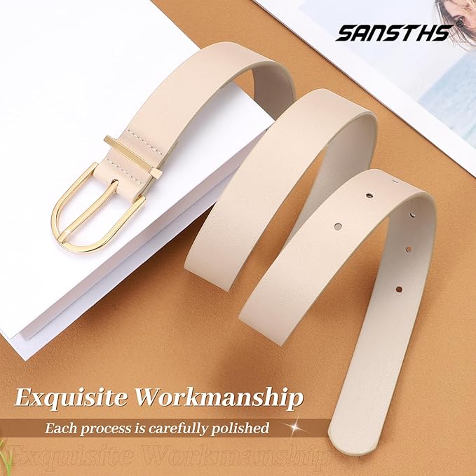 SANSTHS Women Faux Leather Chic Belts for Jeans Pants Fashion Ladies Belt Solid Color with Gold Curved Pin Buckle