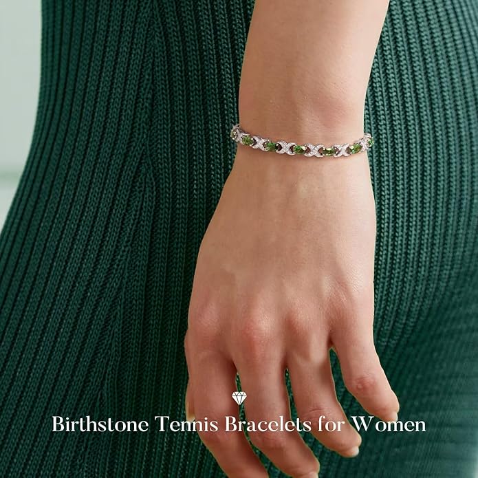 Iefil Oval Birthstone Tennis Bracelets for Women Wife, Unique X O Design Fine Jewelry Valentine's Day Gift Anniversary Birthday Gift 925 Sterling Silver Birthstone Jewelry for Mom Girlfriend Her