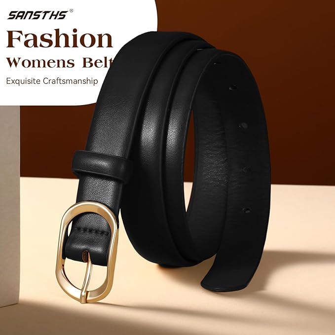 SANSTHS Women Belt for Jeans with Gold Oval Buckle, Thin Belt for Dresses Pants, Adjustable Waist Belt for Daily Fashion