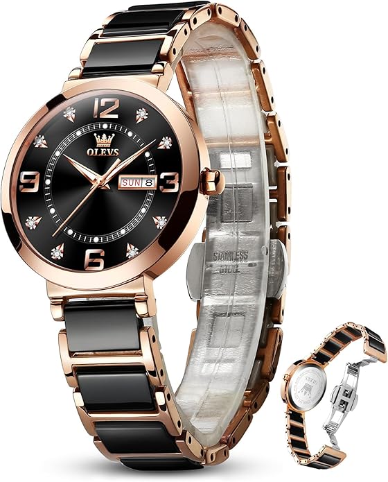 OLEVS Womens Ceramic Watch Luxury Shinning Diamond Rose Gold Watch for Women Analog Quartz Ladies Dress Watches Casual Waterproof Wrist Watches for Woman with Day Date Reloj para Mujer