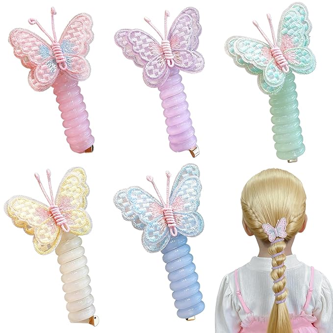 5PC Pearl Butterfly Telephone Wire Hair Ties – Spiral Elastic Bubble Ponytail Hair Bands for Women & Girls, No Damage, Soft & Stretchy Hair Accessories for High Ponytails and Braids(set-A)