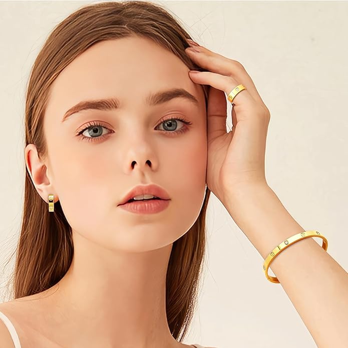 3 Pcs Hoop Earrings Bracelets Ring Sets for Women-18K Gold Plated Love Bracelet Cubic Zirconia Cuff Bangle Hoop Earrings Friendship Love Ring Jewelry Set,Wedding Party Christmas Valentine's Day Birthday Gifts for Her Girlfriend Sister Daughter