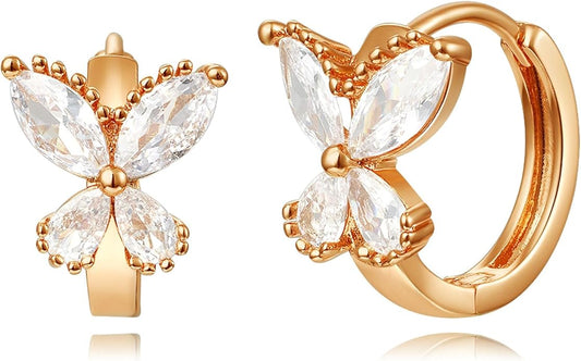 14K Gold Plated Cubic Zirconia Hoop Earrings,Three Row Diamon | Arrows | Double Row of Diamonds Huggie Earrings for Women