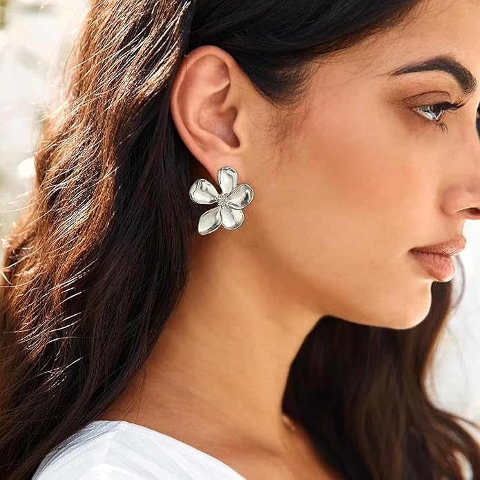 Gold Flower Statement Earrings for Women, 14K Gold Plated Large Irregular Leaf Floral, Big Chunky Dangle Earrings Set