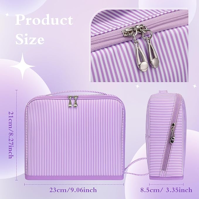 Striped Makeup Bag Large Cosmetic Bags for Women Gift with Brush Loops Mesh Pocket Wrist Strap Travel Organizer Storage Pouch Toiletry Case with Divider for Mirror(Lavender)