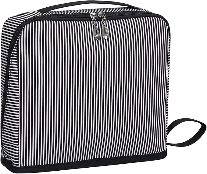 Striped Makeup Bag Large Cosmetic Bags for Women Gift with Brush Loops Mesh Pocket Wrist Strap Travel Organizer Storage Pouch Toiletry Case with Divider for Mirror(Black)