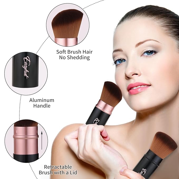 Retractable Kabuki Makeup Brushes 2 Pcs Blush Brushes Set Portable Powder Brushes with Flat and Angled Top for Liquid Cream Girls Cosmetics Travel, Large/1.18inch, Rose Gold