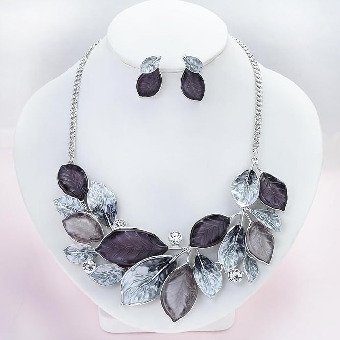 Vintage Statement Jewelry Set Leaf Floral Bohemian Boho Statement Necklace Earring Set Crystal Fashion Costume Jewelry