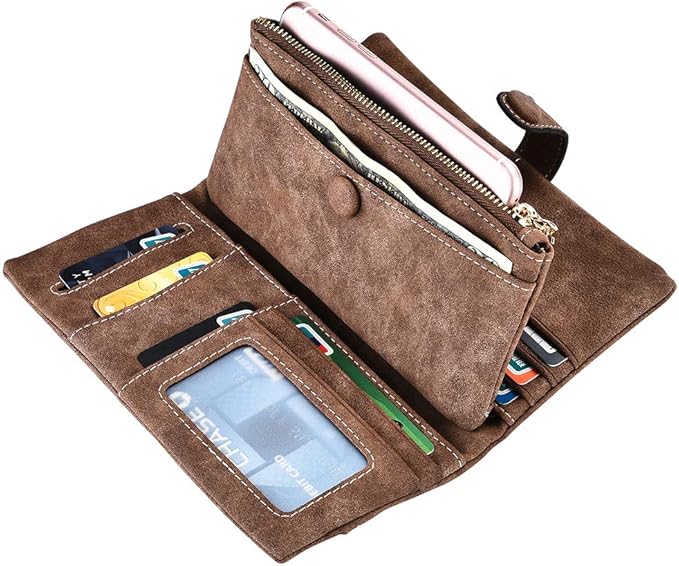 Women's Genuine Leather Bifold Clutch Wallet Large Capacity Card Organizer with Buckle Closure in Candy Colors (Coffee)