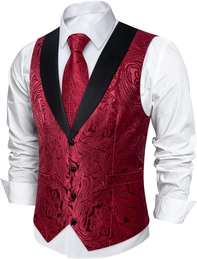 DiBanGu Mens Paisley Suit Vest Silk Jacquard Waistcoat and Necktie Set Formal Shawl Collar Dress Vest 7PCS for Wedding Party