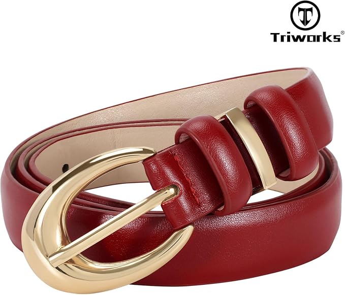 TRIWORKS Women Leather Belt for Jeans Pants Fashion Ladies Skinny Faux Leather Dress belt with Gold Buckle