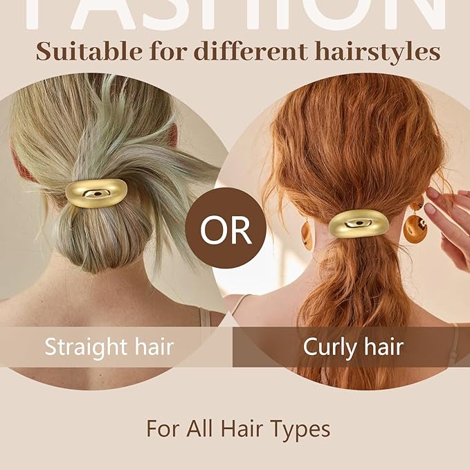2PCS Gold Hair Ties for Women - Metal Hair Accessories for Thick Hair, Elegant and Durable Geometric Design, Ponytail Cuffs Stretchy Non-Damage Holiday Gifts