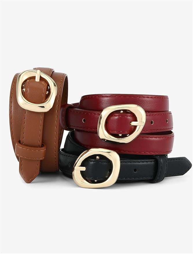 Thin Belt for Women Jeans Faux Leather Ladies Skinny Waist Belts for Dresses Pants with Trendy Gold/Silver Buckle