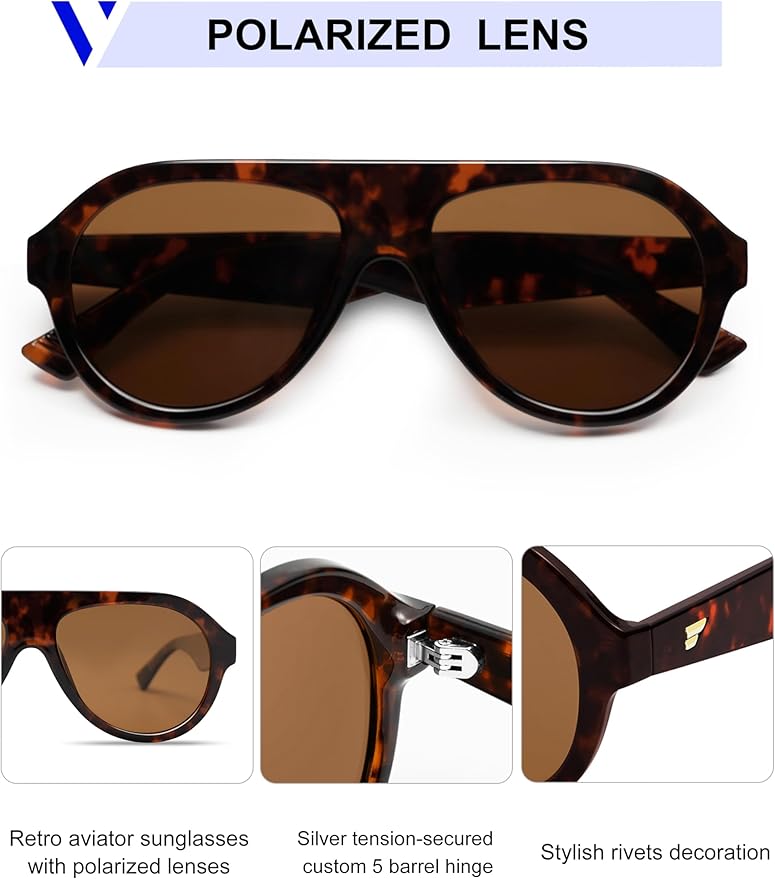 VANLINKER Retro Aviator Polarized Sunglasses for Men Women Trendy 70s Vintage Plastic Frame Sun Glasses VL9750