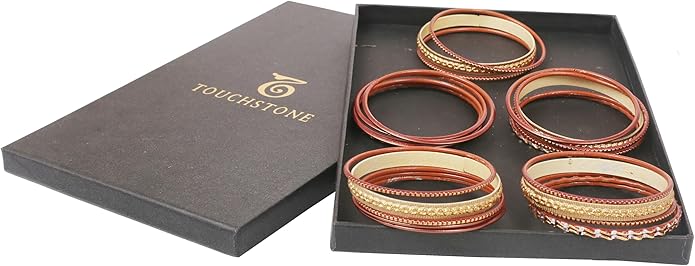 Touchstone Indian Metal Bangles for Women Gold Alloy Bracelets desi 2 Dozen Bangle Collection Bollywood Women's Jewelry Set Multi Stacking Wide Chunky Textured Golden Set of 24 in Gold or White Tone